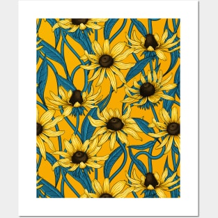 Yellow Rudbekia on yellow Posters and Art